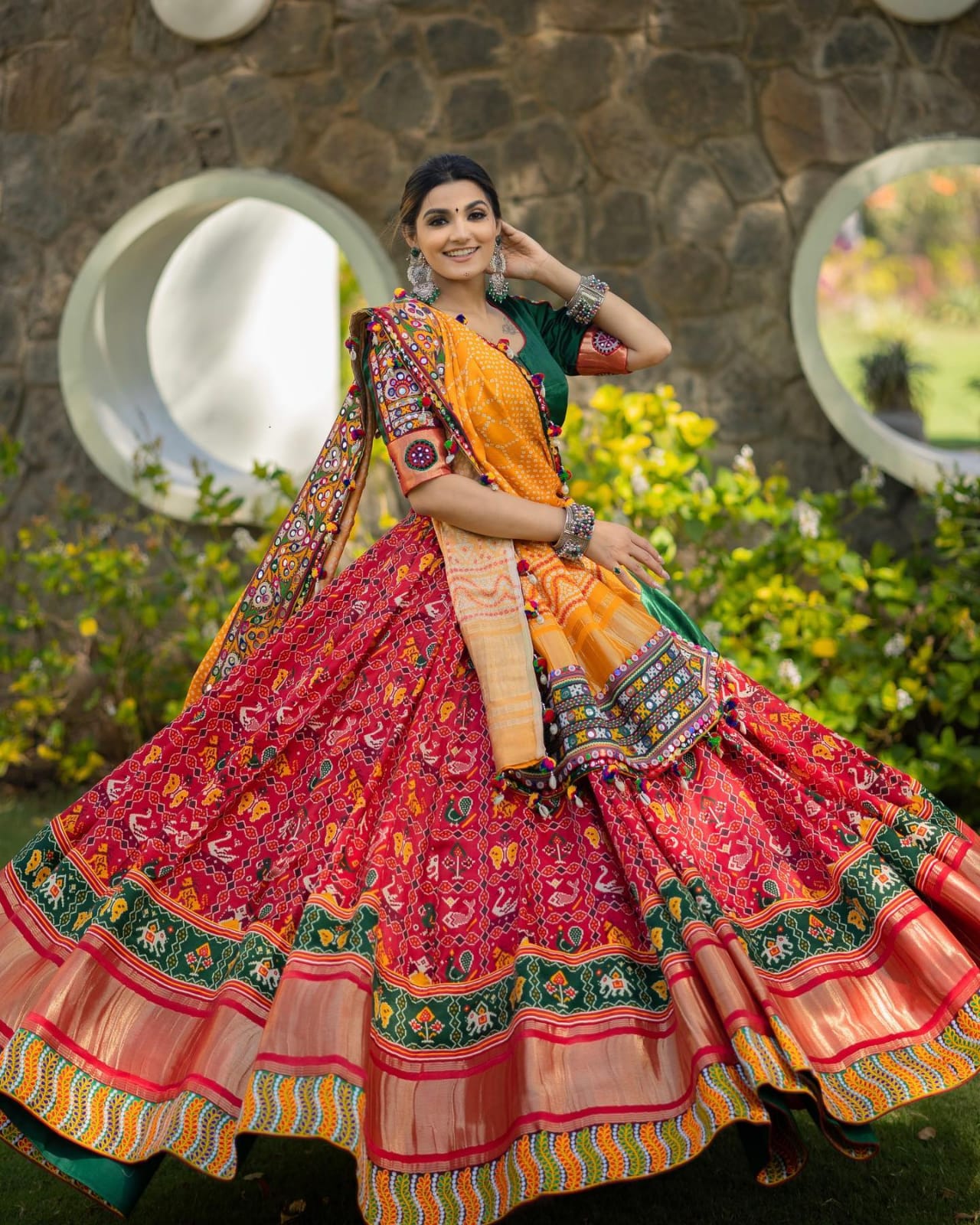 Red Green Lehenga Choli with Mirror work and attached Yellow Dupatta