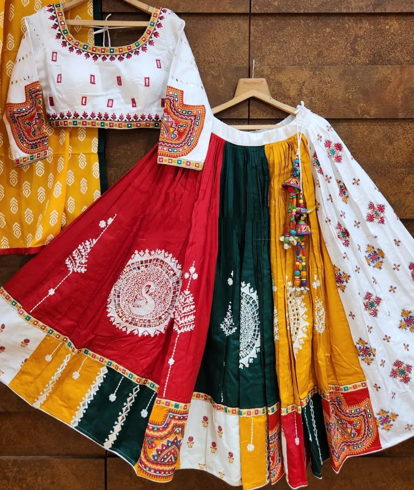 Bottle Green Bottle Green Lehenga Choli with Mirror work and attached Yellow Dupatta