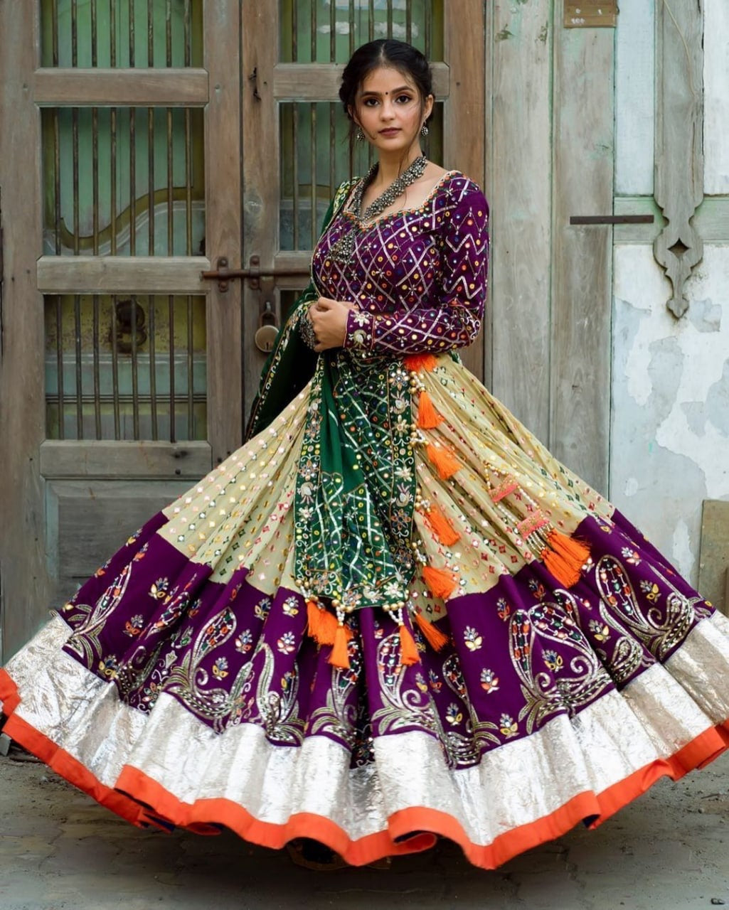 Purple Cream Lehengha Choli With Mirror Work