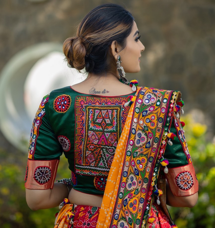 Red Green Lehenga Choli with Mirror work and attached Yellow Dupatta