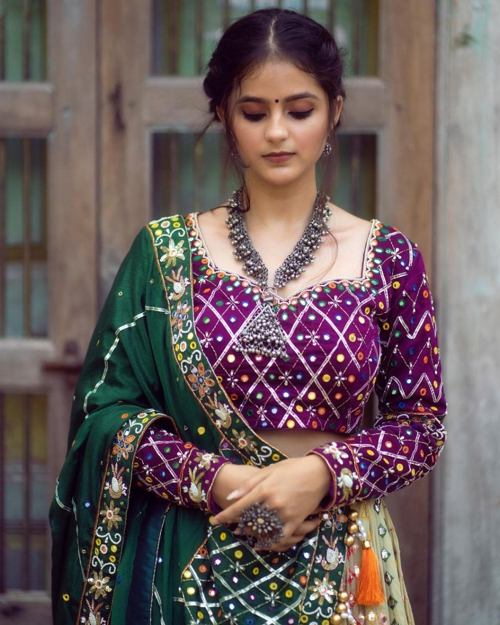 Purple Cream Lehengha Choli With Mirror Work