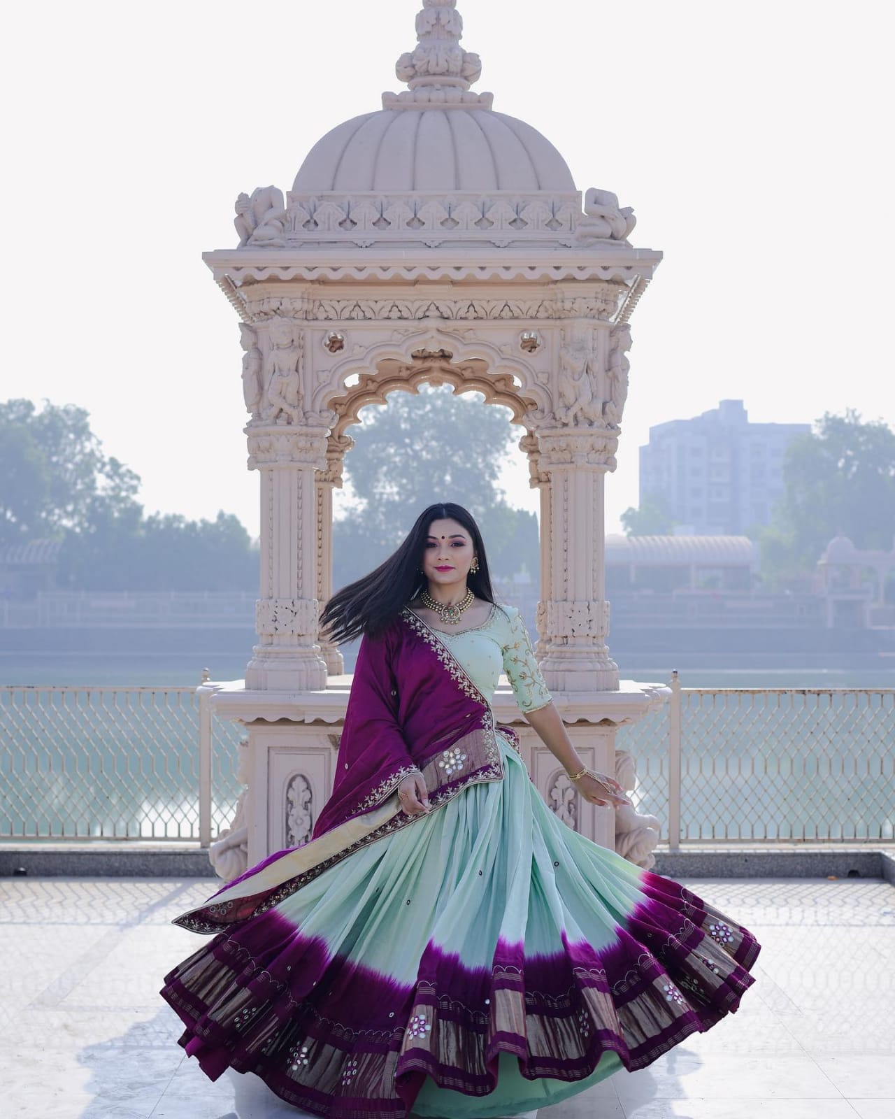 Sky Blue and Purple Designer Printed Lehengha choli