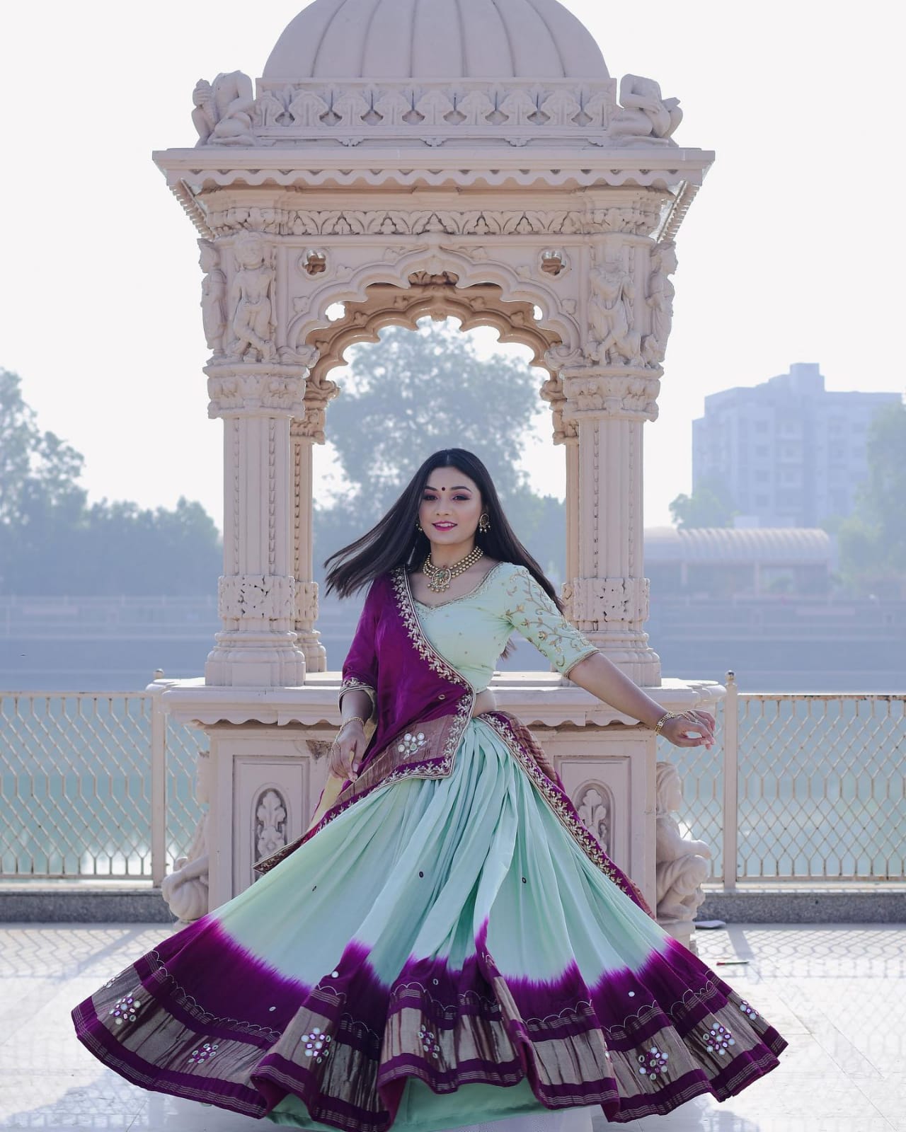 Sky Blue and Purple Designer Printed Lehengha choli