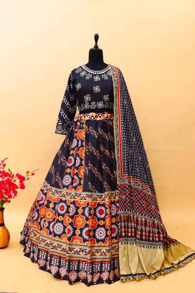 Black Circle Design Lehengha Choli With Mirror Work