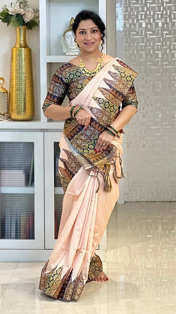 Black Ajarakh Soft Tussar Silk Saree With Beautiful Print With Attractive Pallu And Contrast Pallu With Tassal