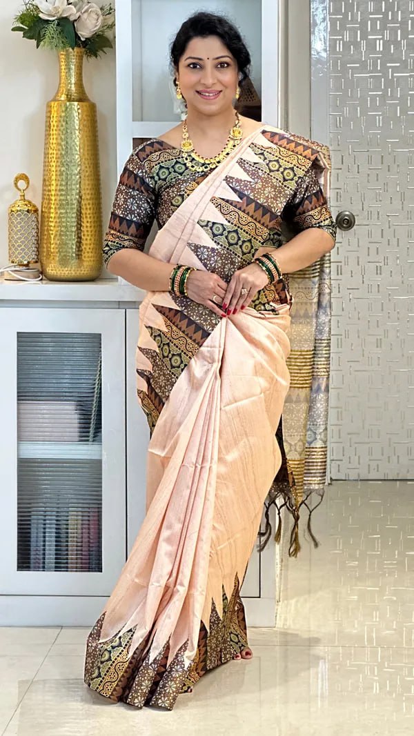 Black Ajarakh Soft Tussar Silk Saree With Beautiful Print With Attractive Pallu And Contrast Pallu With Tassal