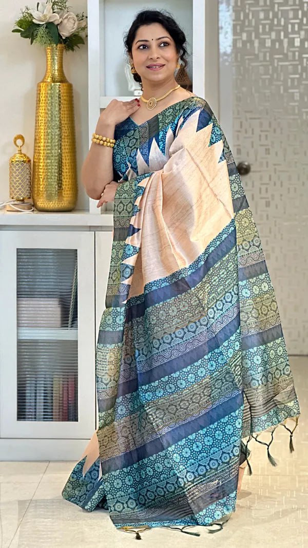 Blue Ajarakh Soft Tussar Silk Saree With Beautiful Print With Attractive Pallu And Contrast Pallu With Tassal