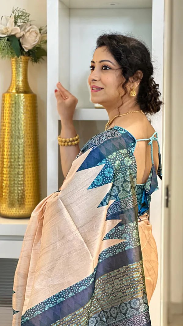 Blue Ajarakh Soft Tussar Silk Saree With Beautiful Print With Attractive Pallu And Contrast Pallu With Tassal
