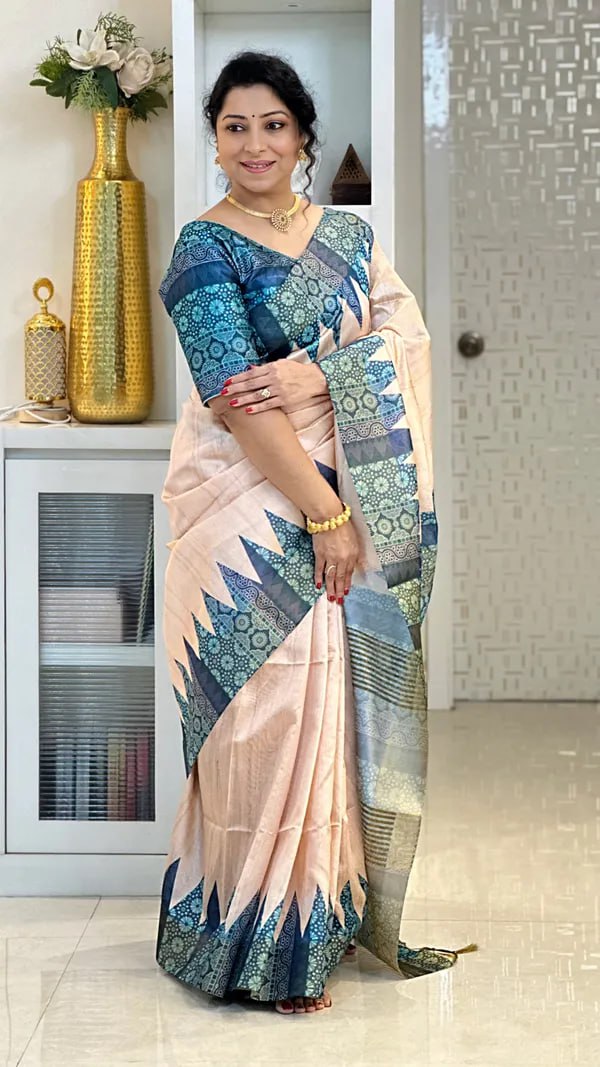 Blue Ajarakh Soft Tussar Silk Saree With Beautiful Print With Attractive Pallu And Contrast Pallu With Tassal