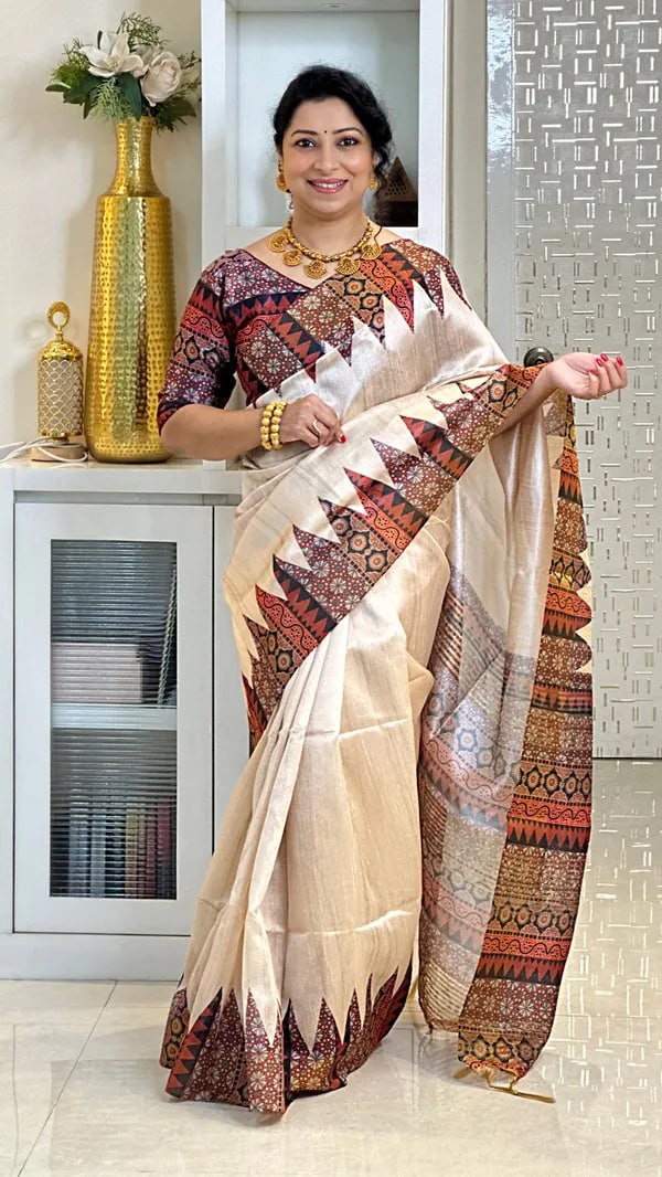 Orange Ajarakh Soft Tussar Silk Saree With Beautiful Print With Attractive Pallu And Contrast Pallu With Tassal