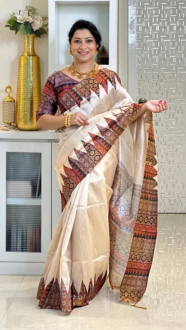 Orange Ajarakh Soft Tussar Silk Saree With Beautiful Print With Attractive Pallu And Contrast Pallu With Tassal