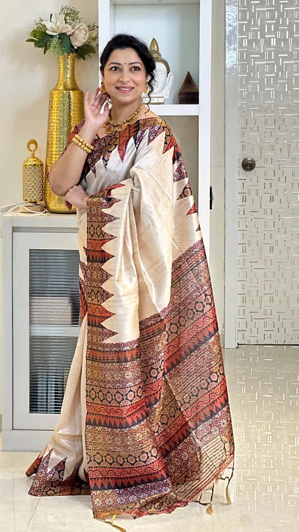 Orange Ajarakh Soft Tussar Silk Saree With Beautiful Print With Attractive Pallu And Contrast Pallu With Tassal