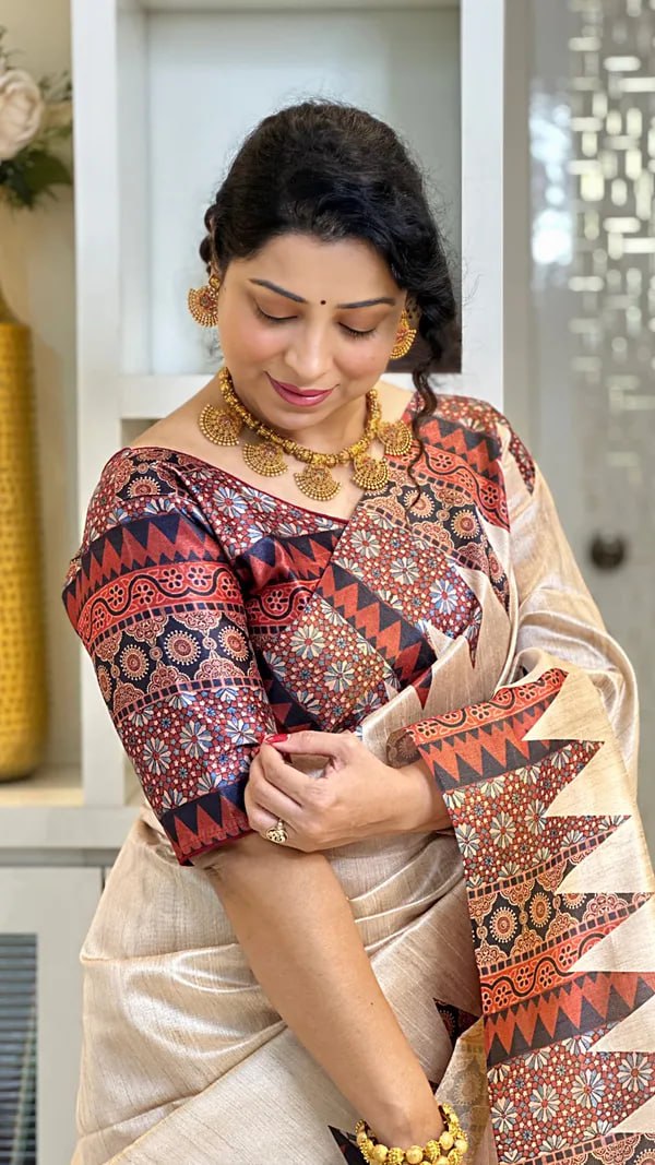 Orange Ajarakh Soft Tussar Silk Saree With Beautiful Print With Attractive Pallu And Contrast Pallu With Tassal
