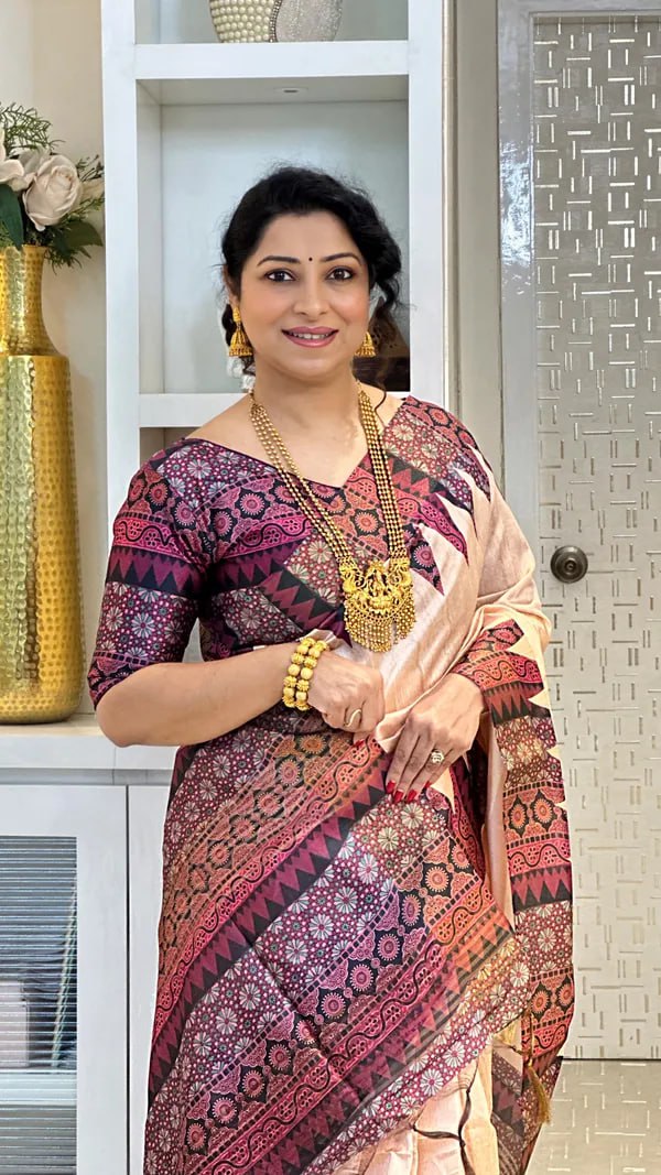 Wine Soft Tussar Silk Saree With Beautiful Print With Attractive Pallu And Contrast Pallu With Tassal