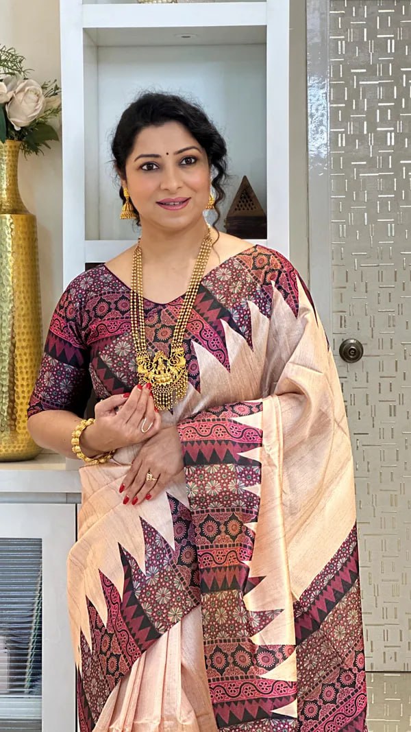 Wine Soft Tussar Silk Saree With Beautiful Print With Attractive Pallu And Contrast Pallu With Tassal