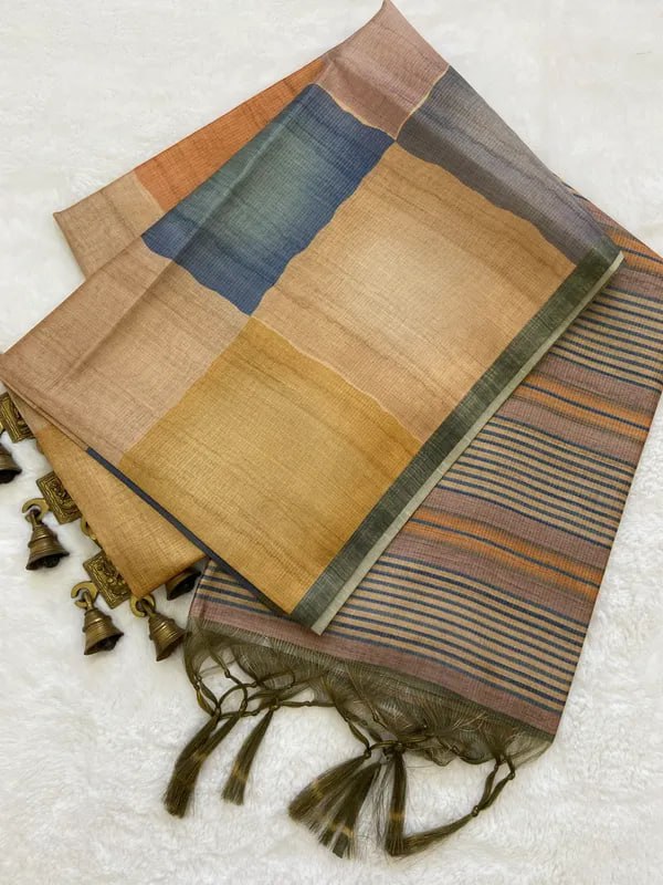 Blue Soft Tussar Silk Saree With Beautiful Print With Attractive Pallu And Contrast Pallu With Tassal