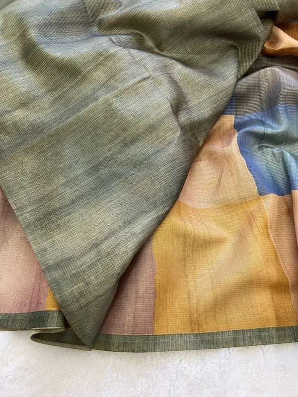 Blue Soft Tussar Silk Saree With Beautiful Print With Attractive Pallu And Contrast Pallu With Tassal