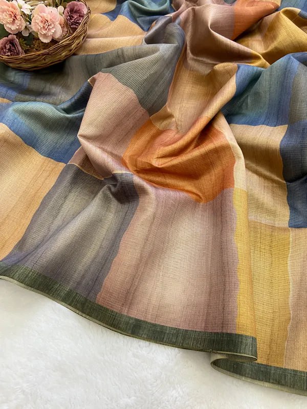 Blue Soft Tussar Silk Saree With Beautiful Print With Attractive Pallu And Contrast Pallu With Tassal