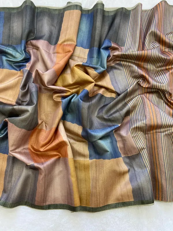 Blue Soft Tussar Silk Saree With Beautiful Print With Attractive Pallu And Contrast Pallu With Tassal
