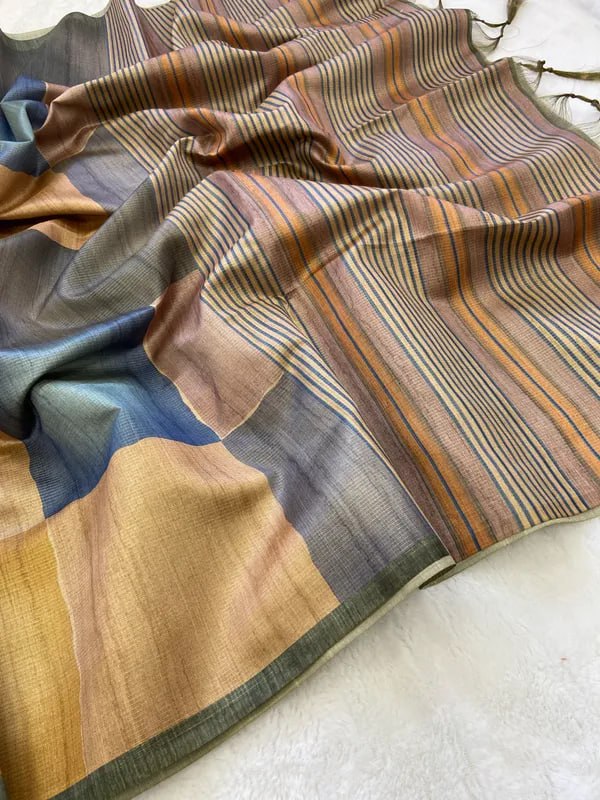 Blue Soft Tussar Silk Saree With Beautiful Print With Attractive Pallu And Contrast Pallu With Tassal