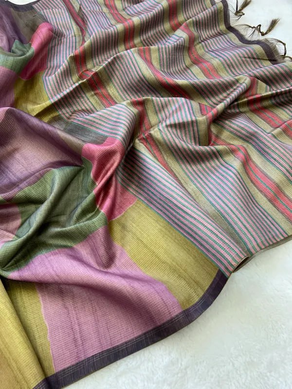 Multi Colors Soft Tussar Silk Saree With Beautiful Print With Attractive Pallu And Contrast Pallu With Tassal