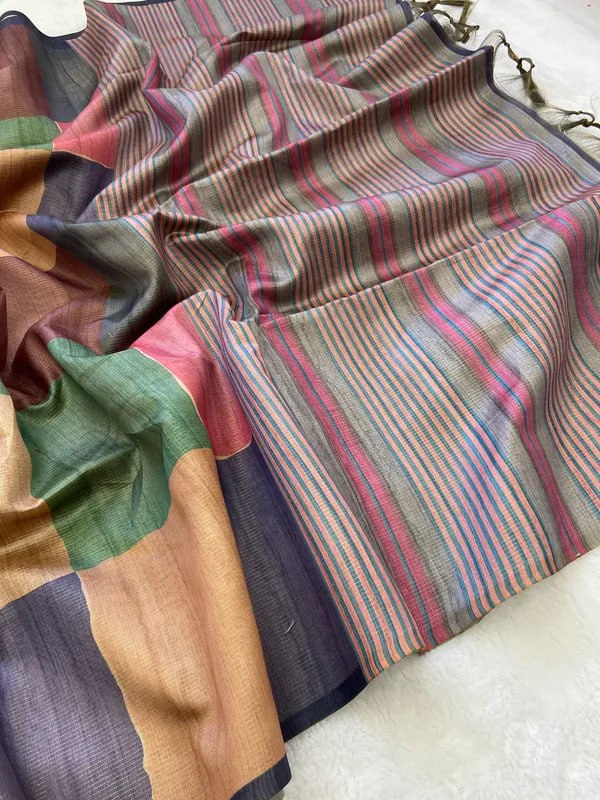 Multi Colors Soft Tussar Silk Saree With Beautiful Print With Attractive Pallu And Contrast Pallu With Tassal