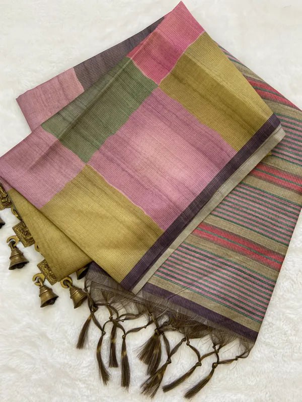 Pink Soft Tussar Silk Saree With Beautiful Print With Attractive Pallu And Contrast Pallu With Tassal