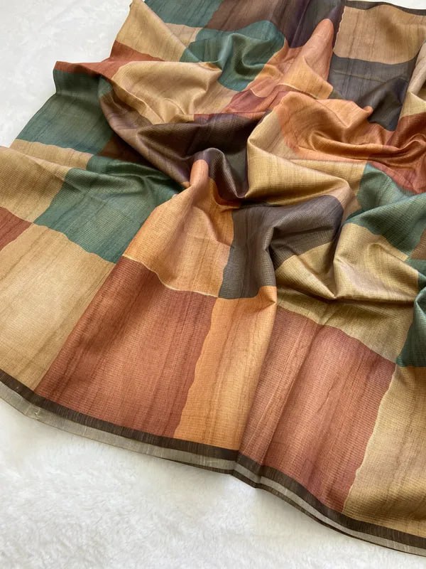 Teal Soft Tussar Silk Saree With Beautiful Print With Attractive Pallu And Contrast Pallu With Tassal