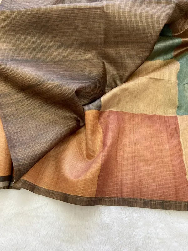 Teal Soft Tussar Silk Saree With Beautiful Print With Attractive Pallu And Contrast Pallu With Tassal