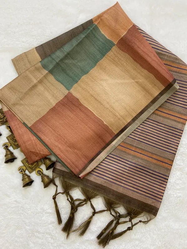 Teal Soft Tussar Silk Saree With Beautiful Print With Attractive Pallu And Contrast Pallu With Tassal