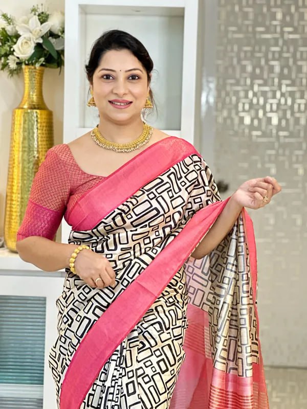 Pink Soft Tussar Silk Saree With Beautiful Print With Attractive Pallu And Contrast Pallu With Tassal