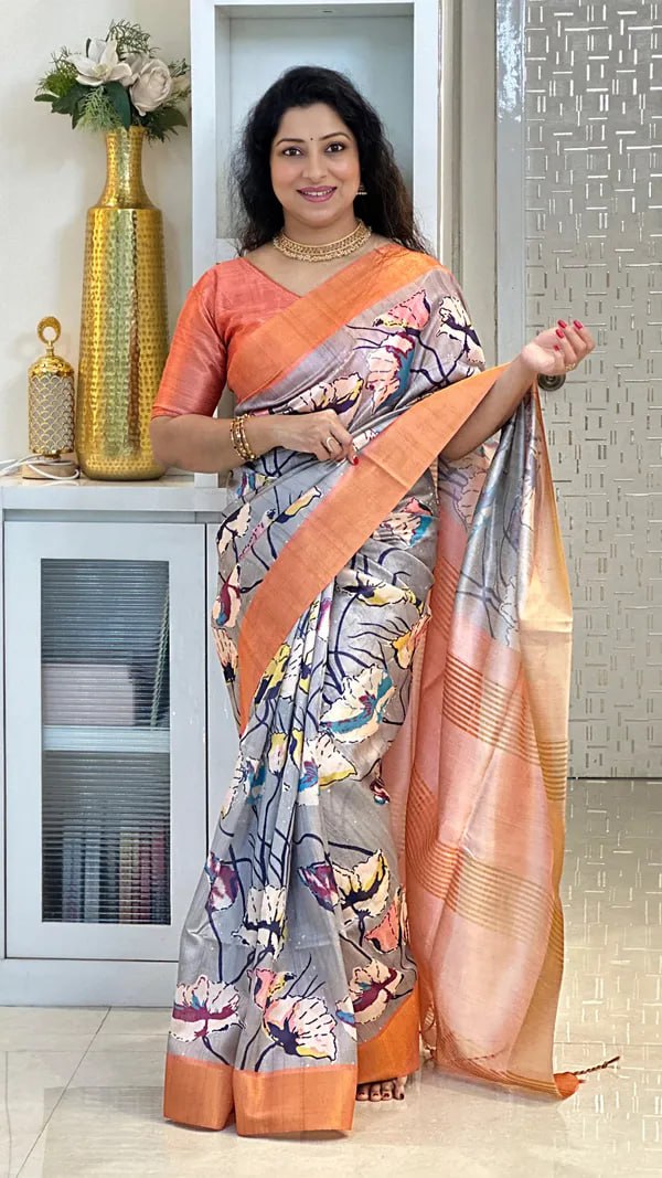 Grey Soft Tussar Silk Saree With Beautiful Print With Attractive Pallu And Contrast Pallu With Tassal