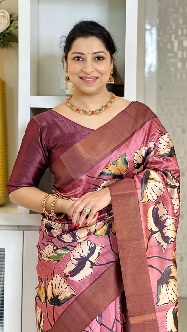 Pink Soft Tussar Silk Saree With Beautiful Print With Attractive Pallu And Contrast Pallu With Tassal