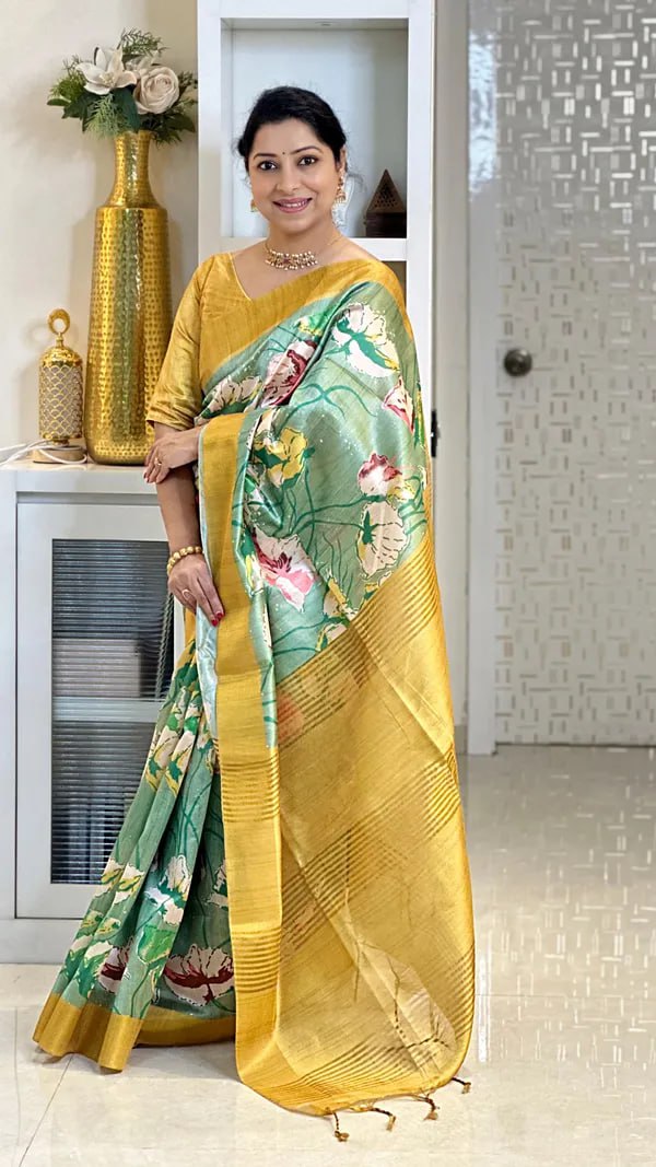 Pista and Yellow Soft Tussar Silk Saree With Beautiful Print With Attractive Pallu And Contrast Pallu With Tassal