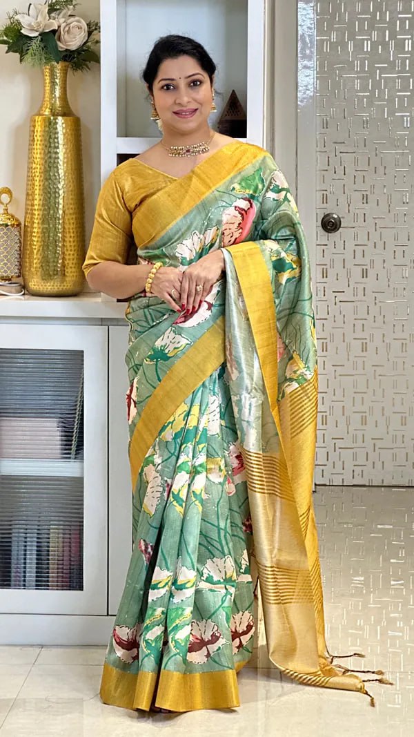 Pista and Yellow Soft Tussar Silk Saree With Beautiful Print With Attractive Pallu And Contrast Pallu With Tassal