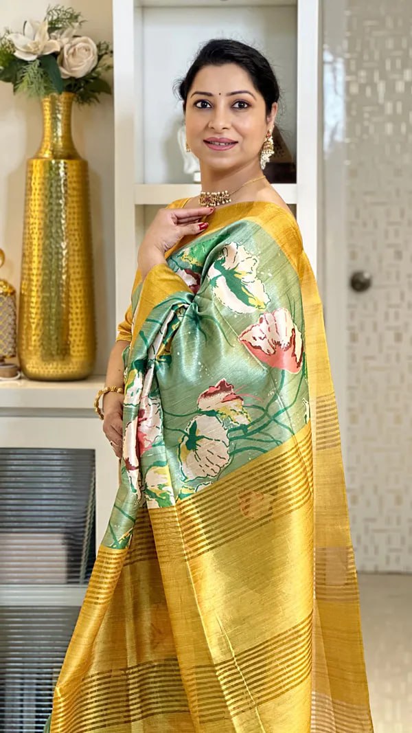 Pista and Yellow Soft Tussar Silk Saree With Beautiful Print With Attractive Pallu And Contrast Pallu With Tassal