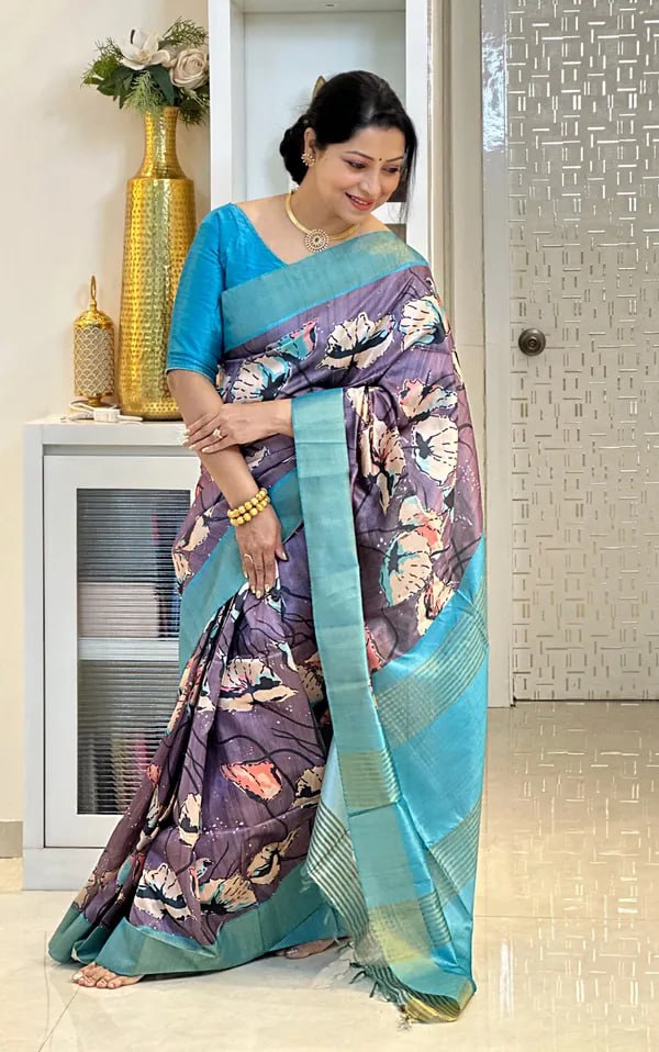 Purple Soft Tussar Silk Saree With Beautiful Print With Attractive Pallu And Contrast Pallu With Tassal