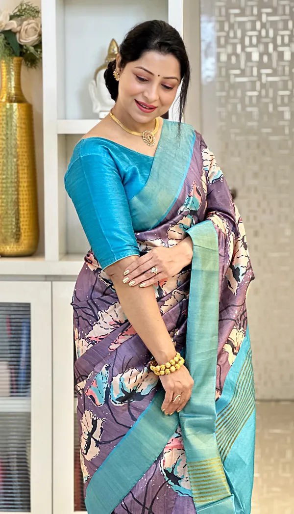 Purple Soft Tussar Silk Saree With Beautiful Print With Attractive Pallu And Contrast Pallu With Tassal