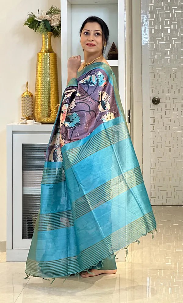 Purple Soft Tussar Silk Saree With Beautiful Print With Attractive Pallu And Contrast Pallu With Tassal