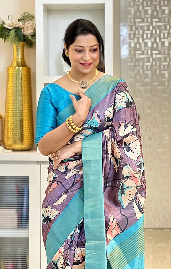 Purple Soft Tussar Silk Saree With Beautiful Print With Attractive Pallu And Contrast Pallu With Tassal