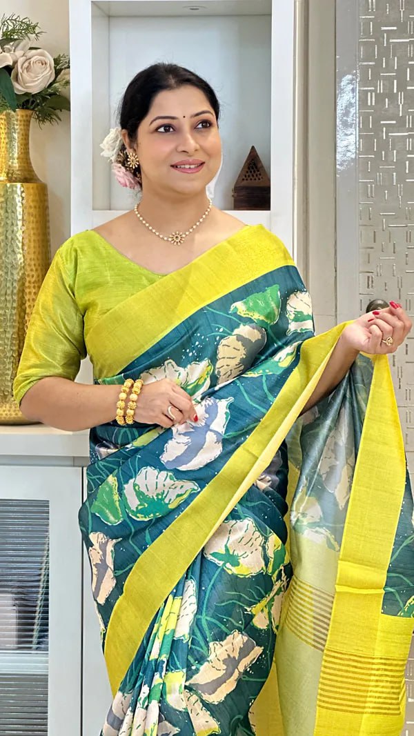 Teal Soft Tussar Silk Saree With Beautiful Print With Attractive Pallu And Contrast Pallu With Tassal