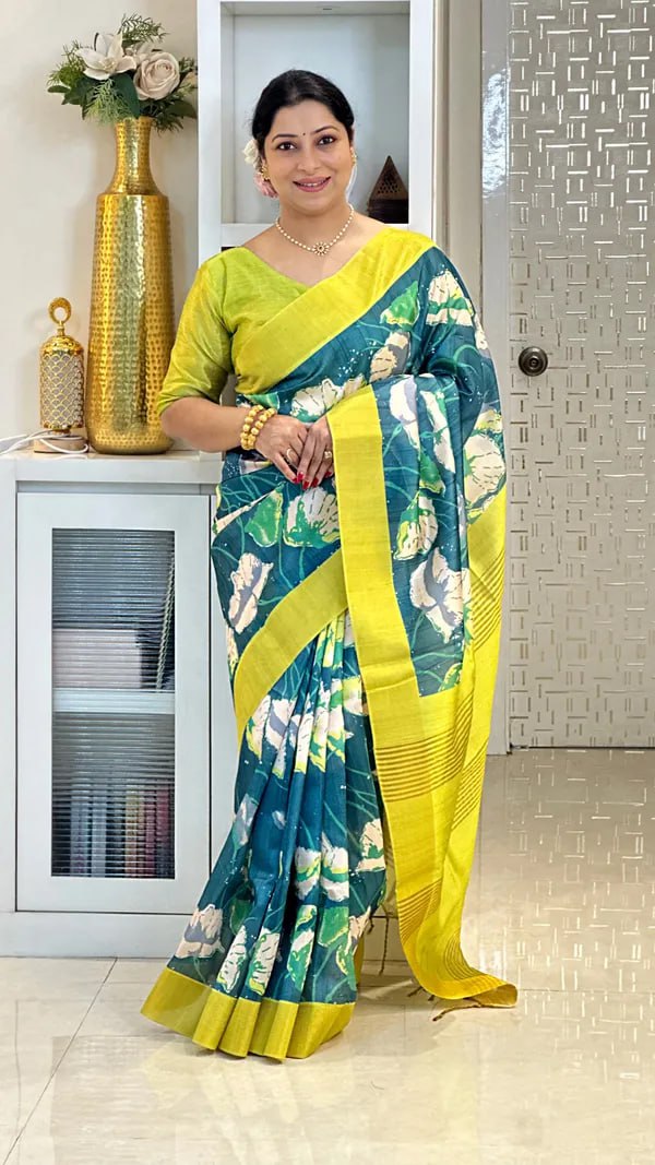 Teal Soft Tussar Silk Saree With Beautiful Print With Attractive Pallu And Contrast Pallu With Tassal