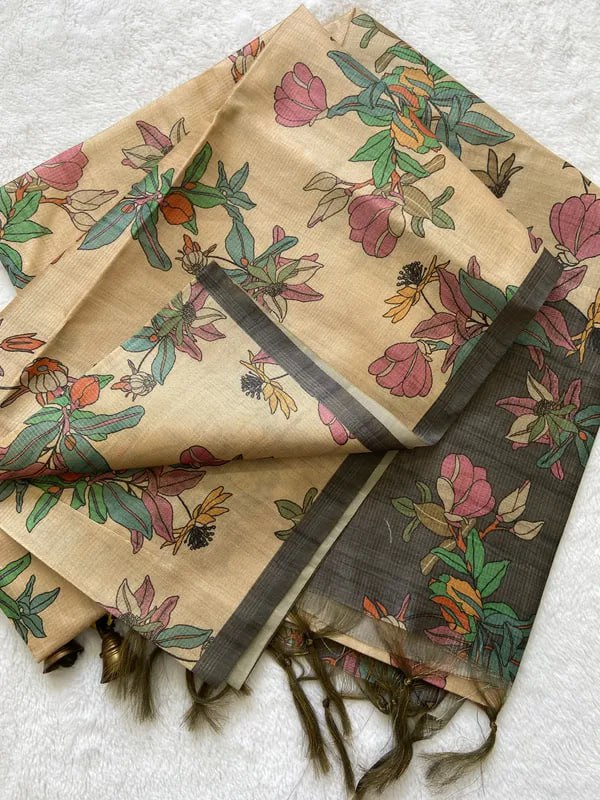 Black Soft Tussar Silk Sarees With Beautiful ¤ϸ� &Nbsp;Print With Attractive Border And Contrast Print Blouse With Tassels In New Styles N New Look ........... Ðÿ‘Œ