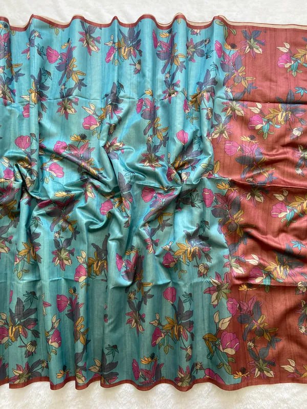 Maroon Soft Tussar Silk Saree With Beautiful Print With Attractive Pallu And Contrast Pallu With Tassal