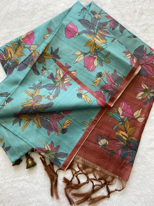 Maroon Soft Tussar Silk Saree With Beautiful Print With Attractive Pallu And Contrast Pallu With Tassal