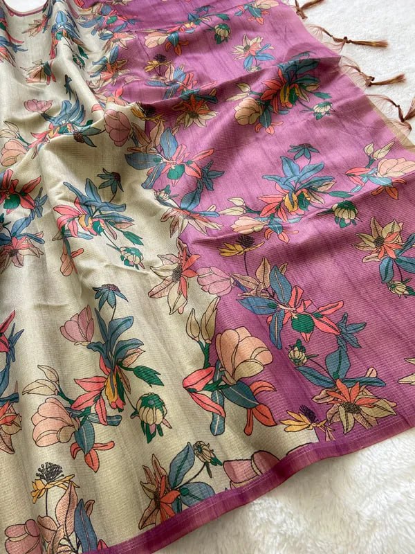 Cream and Pink combination Soft Tussar Silk Saree With Beautiful Print With Attractive Pallu And Contrast Pallu With Tassal