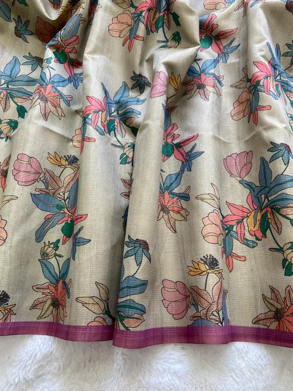 Cream and Pink combination Soft Tussar Silk Saree With Beautiful Print With Attractive Pallu And Contrast Pallu With Tassal