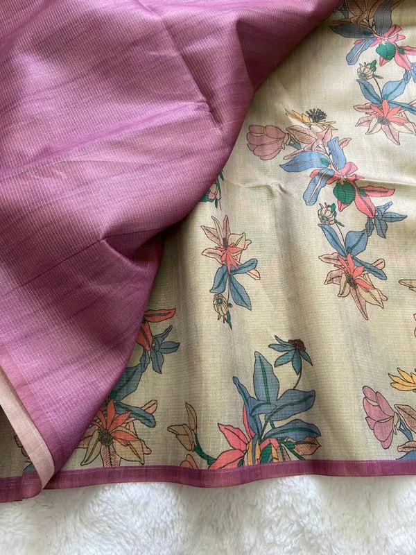 Cream and Pink combination Soft Tussar Silk Saree With Beautiful Print With Attractive Pallu And Contrast Pallu With Tassal