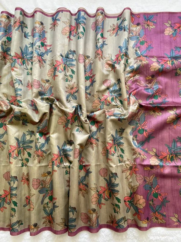 Cream and Pink combination Soft Tussar Silk Saree With Beautiful Print With Attractive Pallu And Contrast Pallu With Tassal