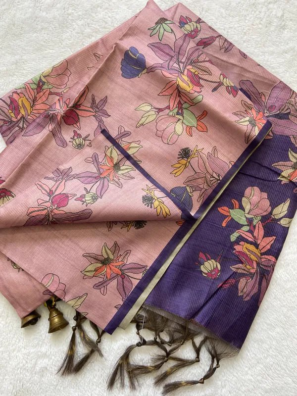 Purple Soft Tussar Silk Saree With Beautiful Print With Attractive Pallu And Contrast Pallu With Tassal